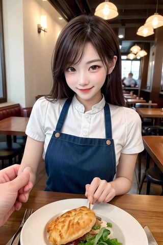 male_pov, 1women holding hand on dining table, restaurant