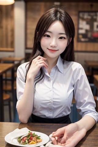 male_pov, 1women holding hand on dining table, wearing shirt, restaurant,perfect