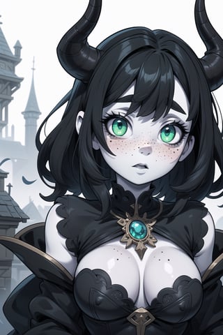 High resolution, extremely detailed, atmospheric scene, masterpiece, best quality, 64k, high quality, (HDR), HQ, 1girl, beautiful face, black hair with bangs, black demon horns, green eyes, (((pale white skin))), ((freckles)), wearing ornate sorceress clothes, fantasy tavern background, view 3/4 body.