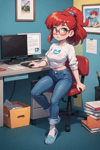 High resolution, extremely detailed, atmospheric scene, masterpiece, best quality, 64k, high quality, (HDR), HQ,  In office, desk, computer, yellow walls, papers, books. red hair, Ponytail, glasses, green pull-over, old dark blue trousers blue-jeans, Discarded light blue and white slippers, red socks. Full body