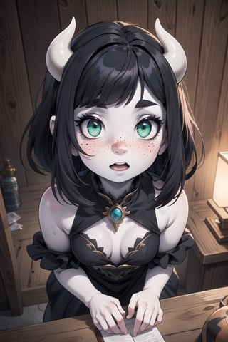 High resolution, extremely detailed, atmospheric scene, masterpiece, best quality, 64k, high quality, (HDR), HQ, girl, beautiful face, black hair with bangs, bangs, black demon horns, green eyes, (((pale white skin))), ((freckles)), perfect cute face, ornate sorceress clothes,  intimate, view from slightly above, pushed up against the wooden wall, flirting, fantasy tavern, dramatic lighting, D&D, dynamic, action,