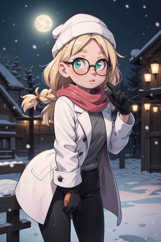 High resolution, extremely detailed, atmospheric scene, masterpiece, best quality, 64k, high quality, (HDR), HQ, 1 girl, blonde hair, long hair, crownbraid, snowcap, round eyewear, glasses, white winter furcoat, snow, standing, in snow, night, solo, bokeh, orange lighting, pink scarf, hand on scarf, green eyes, black gloves, close up, pleading, moonlight, snowing