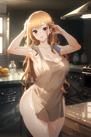 Kitagawa Marin naked in apron in the kitchen doing sexy side pose while making sandwich, long hair. thick thigh
,Marin Kitagawa,kitagawa marin sb blond haire