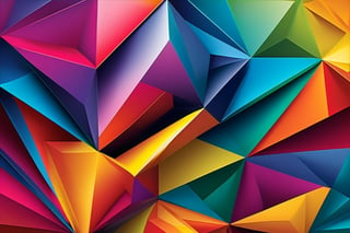 Vibrant abstract gradient poster featuring a stunning 3D geometric prism shape composition, meticulously crafted to evoke a sense of depth and dimensionality. Symmetrical shapes in bold colors radiate from the center, creating a mesmerizing visual rhythm. Against a subtle gradient background, this clip art masterpiece is designed to be a showstopping piece of wall art for any home, commanding attention with its intricate details and optical illusions.