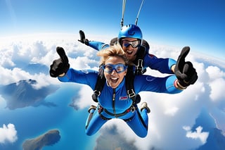 A breathtaking, high-altitude shot of a daring skydiving couple in mid-freefall, floating horizontally, their bright blue jumpsuits and helmets glistening in the intense sunlight that illuminates the cloudless sky. With thumps up, they pose victoriously for the camera, their eyewear and facial expressions radiating excitement and freedom. The dynamic composition, with the couple's bodies arched against the vibrant blue, creates a sense of movement and tension, as if frozen in time. In hyper-realistic detail, every texture, from the fabric of their suits to the wisps of cloud drifting by, is rendered in stunning 8K resolution, making this cinematic masterpiece an awe-inspiring work of art.