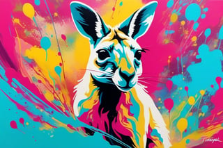 A kangaroo majestically bounds across a textured canvas, little cub in tow, as vibrant brushstrokes dance around them. Hot pink, Tiffany blue, mint, and yellow hues blend in an abstract portrait, punctuated by intricate details. The dynamic duo is set against a swirling storm of paint splatters, exuding energy and capturing the essence of a masterpiece.
