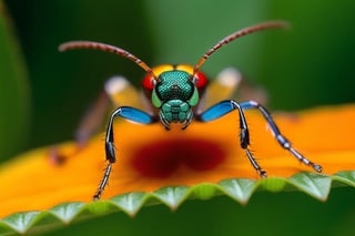 A magnified marvel: a diminutive insect, no larger than a grain of rice, sits poised on a leaf's intricate surface. The camera zooms in with precision, capturing the exoskeleton's textured patterns and soft sheen as they dance across its tiny form. Vibrant colors burst forth, juxtaposed against a shallow depth of field, rendering each feature in exquisite detail - an artist's brushstrokes come to life in this macro masterpiece.
