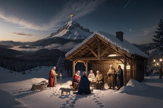 a holy night with a stable with Mary and Joseph and the Christ child in a manger, some shepherds and three wise men from the East framed by some angels scenery
Masterpiece,ayaka_genshin,More Detail,fantasy00d,FFIXBG,EpicArt,Nature,Landscape,Masterpiece
