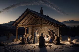 a holy night with a stable with Mary and Joseph and the Christ child in a manger, some shepherds and the three wise men from the East framed by some angels scenery
Masterpiece,ayaka_genshin,More Detail,fantasy00d,FFIXBG,EpicArt,Nature,Landscape,Masterpiece