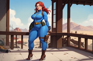 score_9, score_8_up, score_7_up, best quality, masterpiece, 4k, solo_female, full-length_portrait, fully_dressed, fully_clothed, fallout_4, vault_dweller, vault suit, blue vault suit, pipboy, thigh high boots, high heeled boots, brown high heeled boots, yellow vault dweller belt, round glasses, meganekko, curvaceous, plump breasts, huge ass, wide hips, thicc thighs, six pack, biceps, loose belt, loose belt around waist, tool belt, brown work gloves, red hair, very long red hair, extra long red hair, red hair past waist, red hair past knees, wavy red hair, freckles, standing,