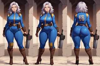 score_9, score_8_up, score_7_up, best quality, masterpiece, 4k, solo_female, full-length_portrait, fully_dressed, fully_clothed, fallout_4, vault_dweller, vault suit, vault 20, blue vault suit, pipboy, very tall thigh high boots, thigh high boots, high heeled boots, brown high heeled boots, yellow vault dweller belt, tool vest, open tool vest, curvaceous, narrow waist, thin waist, plump breasts, huge ass, wide hips, thicc thighs, loose belt, loose belt around waist, tool belt, brown work gloves, long brown work gloves, silver hair, very long hair, hair past waist, hair past knees, hair reaches ground, wavy hair, round glasses, meganekko, standing,