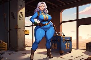 score_9, score_8_up, score_7_up, best quality, masterpiece, 4k, solo_female, full-length_portrait, fully_dressed, fully_clothed, fallout_4, fallout wasteland background, vault_dweller, vault suit, vault 20, blue vault suit, pipboy, fallout pipboy on wrist, very tall thigh high boots, thigh high boots, high heeled boots, brown high heeled boots, yellow vault dweller belt, tool vest, open tool vest, curvaceous, narrow waist, thin waist, plump breasts, round breasts, large breasts, gigantic ass, fat ass, bubble butt, large bubble butt, wide hips, very wide hips, thicc thighs, fat thighs, loose belt, loose belt around waist, tool belt, brown work gloves, long brown work gloves, silver hair, very long hair, hair past waist, hair past knees, hair reaches ground, wavy hair, big hair, round glasses, meganekko, pink eyes, standing, facing forward at an angle, hand on hip, toolbox in hand,