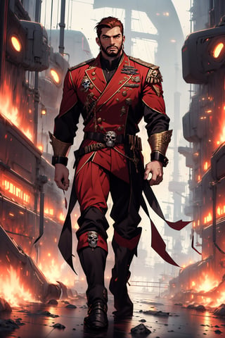 A full-body concept illustration of a single male individual in the style of an officer of the Imperial Guard the Warhammer 40000 franchise. He is a an bulky male science fiction fantasy soldier in a tan sci-fi army officer's outfit with elements of the age of sail and bare arms.  short scruffy brown hair and a beard. He has striking yellow eyes with pronounced dark rings under them. He is of towering height. he is overly muscled like a body builder. His tan  Imperial Guard outfit of the Warhammer 40000 franchise is predominately tan has gold epaulets and gold trim and red cuffs as well as red liner. His outfit has several gold skulls. His uniform has an excessive number of medals and ribbons as well as skull like decorations. His uniform shows his bare muscled tatooed arms. The futuristic brightly lit background is both complex and detailed, complex_background, detailed_background,Pirate,Science fiction, bodybuilder, large_muscles, square_jaw, biceps
