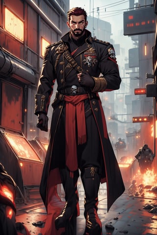 A full-body concept illustration of a single male individual in the style of an officer of the Imperial Guard the Warhammer 40000 franchise. He is a an bulky male science fiction fantasy soldier in a tan sci-fi army officer's outfit with elements of the age of sail and bare arms.  He has short scruffy brown hair and a beard. He has striking yellow eyes with pronounced dark rings under them. He is of towering height. he is overly muscled like a body builder. His tan The Imperial Guard outfit of the Warhammer 40000 franchise is predominately tan. The Imperial Guard Outfit of the Warhammer 40000 franchise has an oversized military leather greatcoat  has gold epaulets and gold trim and red cuffs as well as red liner. His outfit has several gold skulls. His uniform has an excessive number of medals and ribbons as well as skull like decorations. His uniform shows his bare muscled tatooed arms. The futuristic brightly lit background is both complex and detailed, complex_background, detailed_background,Pirate,Science fiction, bodybuilder, large_muscles, square_jaw, biceps, long_coat