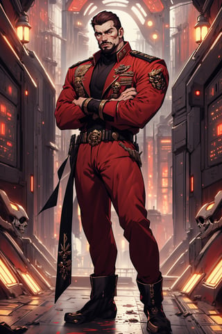 A full-body concept illustration of a single male individual in the style of an officer of the Imperial Guard the Warhammer 40000 franchise. He is a an bulky male science fiction fantasy soldier in a tan sci-fi army officer's outfit with elements of the age of sail and bare arms.  short scruffy brown hair and a beard. He has striking yellow eyes with pronounced dark rings under them. He is of towering height. he is overly muscled like a body builder. His tan  Imperial Guard outfit of the Warhammer 40000 franchise is predominately tan has gold epaulets and gold trim and red cuffs as well as red liner. His outfit has several gold skulls. His uniform has an excessive number of medals and ribbons as well as skull like decorations. His uniform shows his bare muscled tatooed arms. The futuristic brightly lit background is both complex and detailed, complex_background, detailed_background,Pirate,Science fiction, bodybuilder, large_muscles, square_jaw, biceps