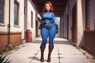 score_9, score_8_up, score_7_up, best quality, masterpiece, 4k, solo_female, full-length_portrait, fully_dressed, fully_clothed, fallout_4, vault_dweller, vault suit, blue vault suit, pipboy, thigh high boots, high heeled boots, brown high heeled boots, yellow vault dweller belt, round glasses, meganekko, curvaceous, plump breasts, huge ass, wide hips, thicc thighs, loose belt, loose belt around waist, tool belt, brown work gloves, red hair, very long red hair, extra long red hair, red hair past waist, red hair past knees, wavy red hair, freckles, standing,