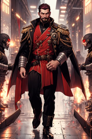 A full-body concept illustration of a single male individual in the style of an officer of the Imperial Guard the Warhammer 40000 franchise. He is a an bulky male science fiction fantasy soldier in a tan sci-fi army officer's outfit with elements of the age of sail and bare arms.  He has short scruffy brown hair and a beard. He has striking yellow eyes with pronounced dark rings under them. He is of towering height. he is overly muscled like a body builder. His tan The Imperial Guard outfit of the Warhammer 40000 franchise is predominately tan. The Imperial Guard Outfit of the Warhammer 40000 franchise has an oversized military leather greatcoat  has gold epaulets and gold trim and red cuffs as well as red liner. His outfit has several gold skulls. His uniform has an excessive number of medals and ribbons as well as skull like decorations. His uniform shows his bare muscled tatooed arms. The futuristic brightly lit background is both complex and detailed, complex_background, detailed_background,Pirate,Science fiction, bodybuilder, large_muscles, square_jaw, biceps, long_coat