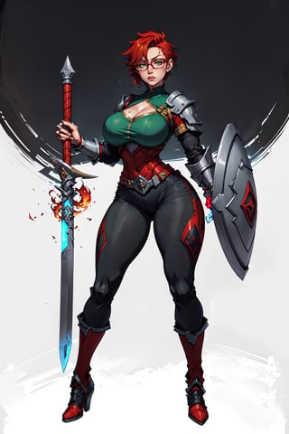 A full-body concept illustration of an athletically thin single female individual in the style of Human 90s Warcraft Armored Mage. She is young. She is below average height and wears the red and white colors of the fictional nation of Stromgarde from the Warcraft franchise. She has fiery red hair and striking intense green eyes. She is wearing the battered heavy full-plate armor of a knight of the Grand Alliance from the Warcraft franchise mixed with the traditional robes of a Mage from the Warcraft franchise. She has large round breasts and a slender waist. She has wide hips and busty thighs. Her fiery red hair is very short. Her fiery red hair is cut close to her head in an extremely short pixie cut. She is wearing large circular glasses. In one hand she is holding a very long sword with a glowing blade. In the other hand she is holding a very large shield with the red armored fist symbol on it. This is the symbol of Stromgarde. Her battered heavy full-plate armor is one size too large. Her armor has armored high-heeled boots. 
She is standing at an angle facing the user in a dynamic and heroic pose in front of a complex and highly detailed background of a brightly lit background of an open field with a castle in the distance,1 girl,complex_background, detailed_background, long_pants