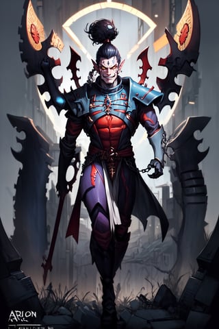 A full-body concept illustration of a single athletic male individual in the style of Warhammer 40k Drukhari Archon. He is a tall and darkly dashing Dark Eldar male from the Warhammer 40000 franchise. This Male Drukhari has deathly pale white skin from which his veins are barely visible. This male Drukhari has night black raven hair that is kept in a tall topknot ponytail. This Drukhari male has devilish yellow eyes that speak of maliciousness. This male Drukhari has a strikingly handsome elf like face. This male Drukhari has an athletic and muscular body. He is wearing the bluish-black segmented spiked armor of a Drukhari Archon with a red-orange gem in the center of his chest. He has several skulls dangling from chains around his waist. He is not wearing a helmet. The dark city of his people is visible in the brightly lit and detailed background. He is facing the camera with a devilish grin, complex_background, detailed_background, background