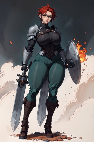 A full-body concept illustration of an athletically thin single female individual in the style of Human 90s Warcraft Armored Mage. She is young. She is below average height and wears the red and white colors of the fictional nation of Stromgarde from the Warcraft franchise. She has fiery red hair and striking intense green eyes. She is wearing the battered heavy full-plate armor of a knight of the Grand Alliance from the Warcraft franchise mixed with the traditional robes of a Mage from the Warcraft franchise. She has large round breasts and a slender waist. She has wide hips and busty thighs. Her fiery red hair is very short. Her fiery red hair is cut close to her head in an extremely short pixie cut. She is wearing large circular glasses. In one hand she is holding a very long sword with a glowing blade. In the other hand she is holding a very large shield with the red armored fist symbol on it. This is the symbol of Stromgarde. Her battered heavy full-plate armor is one size too large. Her armor has armored high-heeled boots. 
She is standing at an angle facing the user in a dynamic and heroic pose in front of a complex and highly detailed background of a brightly lit background of an open field with a castle in the distance,1 girl,complex_background, detailed_background, long_pants, armored, armored_dress, shield, holding_sword,Gigantic Breast