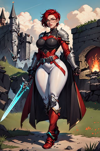 A full-body concept illustration of an athletically thin single female individual in the style of Human 90s Warcraft Armored Mage. She is young. She is below average height and wears the red and white colors of the fictional nation of Stromgarde from the Warcraft franchise. She has fiery red hair and striking intense green eyes. She is wearing the battered heavy full-plate armor of a knight of the Grand Alliance from the Warcraft franchise mixed with the traditional robes of a Mage from the Warcraft franchise. She has large round breasts and a slender waist. She has wide hips and busty thighs. Her fiery red hair is very short. Her fiery red hair is cut close to her head in an extremely short pixie cut. She is wearing large circular glasses. In one hand she is holding a very long sword with a glowing blade. In the other hand she is holding a very large shield with the red armored fist symbol on it. This is the symbol of Stromgarde. Her battered heavy full-plate armor is one size too large. Her armor has armored high-heeled boots. 
She is standing at an angle facing the user in a dynamic and heroic pose in front of a complex and highly detailed background of a brightly lit background of an open field with a castle in the distance,1 girl,complex_background, detailed_background, long_pants, armored, armored_dress
