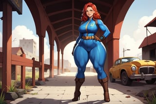 score_9, score_8_up, score_7_up, best quality, masterpiece, 4k, solo_female, full-length_portrait, fully_dressed, fully_clothed, fallout_4, vault_dweller, vault suit, blue vault suit, pipboy, very tall thigh high boots, extra tall thigh high boots, tall thigh high boots, thigh high boots, high heeled boots, brown high heeled boots, yellow vault dweller belt, curvaceous, plump breasts, huge ass, wide hips, thicc thighs, six pack, biceps, loose belt, loose belt around waist, tool belt, brown work gloves, red hair, very long red hair, red hair past waist, red hair past knees, wavy red hair, freckles, standing,