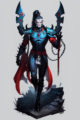 A full-body concept illustration of a single athletic male individual in the style of Warhammer 40k Drukhari Archon. He is a tall and darkly dashing Dark Eldar male from the Warhammer 40000 franchise. This Male Drukhari has deathly pale white skin from which his veins are barely visible. This male Drukhari has night black raven hair that is kept in a tall topknot ponytail. This Drukhari male has devilish yellow eyes that speak of maliciousness. This male Drukhari has a strikingly handsome elf like face. This male Drukhari has an athletic and muscular body. He is wearing the bluish-black segmented spiked armor of a Drukhari Archon with a red-orange gem in the center of his chest. He has several skulls dangling from chains around his waist. He is not wearing a helmet. The dark city of his people is visible in the brightly lit and detailed background. He is facing the camera with a devilish grin, complex_background, detailed_background, background