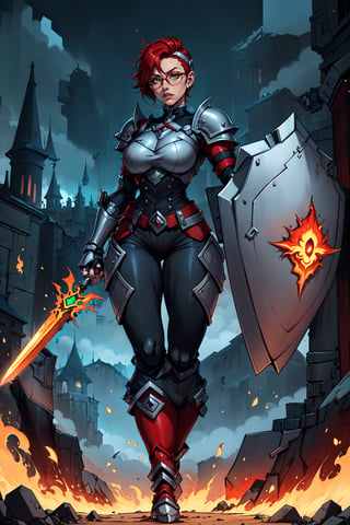A full-body concept illustration of an athletically thin single female individual in the style of Human 90s Warcraft Armored Mage. She is young. She is below average height and wears the red and white colors of the fictional nation of Stromgarde from the Warcraft franchise. She has fiery red hair and striking intense green eyes. She is wearing the battered heavy full-plate armor of a knight of the Grand Alliance from the Warcraft franchise mixed with the traditional robes of a Mage from the Warcraft franchise. She has large round breasts and a slender waist. She has wide hips and busty thighs. Her fiery red hair is very short. Her fiery red hair is cut close to her head in an extremely short pixie cut. She is wearing large circular glasses. In one hand she is holding a very long sword with a glowing blade. In the other hand she is holding a very large shield with the red armored fist symbol on it. This is the symbol of Stromgarde. Her battered heavy full-plate armor is one size too large. Her armor has armored high-heeled boots. 
She is standing at an angle facing the user in a dynamic and heroic pose in front of a complex and highly detailed background of a brightly lit background of an open field with a castle in the distance,1 girl,complex_background, detailed_background, long_pants