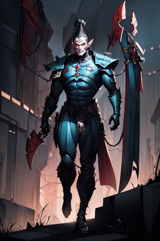 A full-body concept illustration of a single athletic male individual in the style of Warhammer 40k Drukhari Archon. He is a tall and darkly dashing Dark Eldar male from the Warhammer 40000 franchise. This Male Drukhari has deathly pale white skin from which his veins are barely visible. This male Drukhari has night black raven hair that is kept in a tall topknot ponytail. This Drukhari male has devilish yellow eyes that speak of maliciousness. This male Drukhari has a strikingly handsome elf like face. This male Drukhari has an athletic and muscular body. He is wearing the bluish-black segmented spiked armor of a Drukhari Archon with a red-orange gem in the center of his chest. He has several skulls dangling from chains around his waist. He is not wearing a helmet. The dark city of his people is visible in the brightly lit and detailed background. He is facing the camera with a devilish grin. 