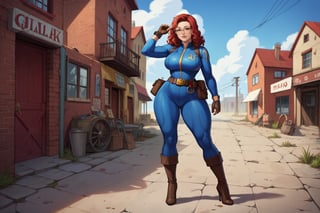 score_9, score_8_up, score_7_up, best quality, masterpiece, 4k, solo_female, full-length_portrait, fully_dressed, fully_clothed, fallout_4, vault_dweller, vault suit, blue vault suit, pipboy, thigh high boots, high heeled boots, brown high heeled boots, yellow vault dweller belt, round glasses, meganekko, curvaceous, plump breasts, huge ass, wide hips, thicc thighs, six pack, biceps, loose belt, loose belt around waist, tool belt, brown work gloves, red hair, very long red hair, extra long red hair, red hair past waist, red hair past knees , red hair reaches ground, wavy red hair, freckles, standing,