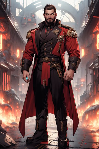 A full-body concept illustration of a single male individual in the style of an officer of the Imperial Guard the Warhammer 40000 franchise. He is a an bulky male science fiction fantasy soldier in a tan sci-fi army officer's outfit with elements of the age of sail and bare arms.  He has short scruffy brown hair and a beard. He has striking yellow eyes with pronounced dark rings under them. He is of towering height. he is overly muscled like a body builder. His tan The Imperial Guard outfit of the Warhammer 40000 franchise is predominately tan. The Imperial Guard Outfit of the Warhammer 40000 franchise has an oversized military leather greatcoat  has gold epaulets and gold trim and red cuffs as well as red liner. His outfit has several gold skulls. His uniform has an excessive number of medals and ribbons as well as skull like decorations. His uniform shows his bare muscled tatooed arms. The futuristic brightly lit background is both complex and detailed, complex_background, detailed_background,Pirate,Science fiction, bodybuilder, large_muscles, square_jaw, biceps, long_coat