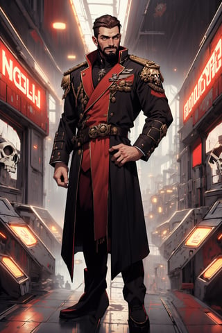 A full-body concept illustration of a single male individual in the style of an officer of the Imperial Guard the Warhammer 40000 franchise. He is a an bulky male science fiction fantasy soldier in a tan sci-fi army officer's outfit with elements of the age of sail and bare arms.  He has short scruffy brown hair and a beard. He has striking yellow eyes with pronounced dark rings under them. He is of towering height. he is overly muscled like a body builder. His tan The Imperial Guard outfit of the Warhammer 40000 franchise is predominately tan. The Imperial Guard Outfit of the Warhammer 40000 franchise has an oversized military leather greatcoat  has gold epaulets and gold trim and red cuffs as well as red liner. His outfit has several gold skulls. His uniform has an excessive number of medals and ribbons as well as skull like decorations. His uniform shows his bare muscled tatooed arms. The futuristic brightly lit background is both complex and detailed, complex_background, detailed_background,Pirate,Science fiction, bodybuilder, large_muscles, square_jaw, biceps, long_coat