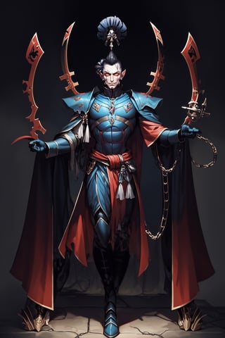 A full-body concept illustration of a single athletic male individual in the style of Warhammer 40k Drukhari Archon. He is a tall and darkly dashing Dark Eldar male from the Warhammer 40000 franchise. This Male Drukhari has deathly pale white skin from which his veins are barely visible. This male Drukhari has night black raven hair that is kept in a tall topknot ponytail. This Drukhari male has devilish yellow eyes that speak of maliciousness. This male Drukhari has a strikingly handsome elf like face. This male Drukhari has an athletic and muscular body. He is wearing the bluish-black segmented spiked armor of a Drukhari Archon with a red-orange gem in the center of his chest. He has several skulls dangling from chains around his waist. He is not wearing a helmet. The dark city of his people is visible in the brightly lit and detailed background. He is facing the camera with a devilish grin, complex_background, detailed_background, background, 