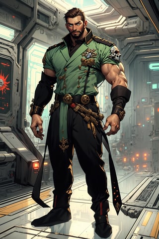 A full-body concept illustration of a single male individual in the style of an officer of the Imperial Guard the Warhammer 40000 franchise. He is a an bulky male science fiction fantasy soldier in a tan and green sci-fi army officer's outfit with elements of the age of sail and bare arms.  short scruffy brown hair and a beard. He has striking blue eyes with pronounced dark rings under them. He is of towering height. he is overly muscled like a body builder. His tan and green Imperial Guard outfit of the Warhammer 40000 franchise is predominately tan has gold epaulets and gold trim and green cuffs as well as green liner. His outfit has several gold skulls. His uniform has an excessive number of medals and ribbons as well as skull like decorations. The futuristic brightly lit background is both complex and detailed, complex_background, detailed_background,Pirate,Science fiction, bodybuilder, large_muscles, square_jaw