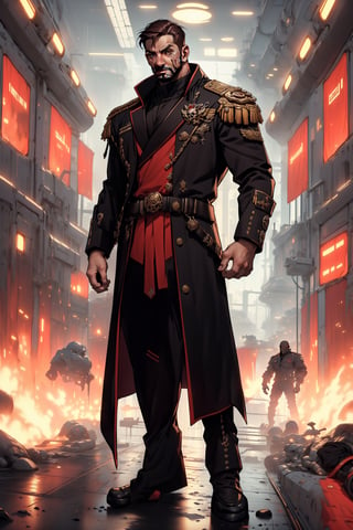 A full-body concept illustration of a single male individual in the style of an officer of the Imperial Guard the Warhammer 40000 franchise. He is a an bulky male science fiction fantasy soldier in a tan sci-fi army officer's outfit with elements of the age of sail and bare arms.  He has short scruffy brown hair and a beard. He has striking yellow eyes with pronounced dark rings under them. He is of towering height. he is overly muscled like a body builder. His tan The Imperial Guard outfit of the Warhammer 40000 franchise is predominately tan. The Imperial Guard Outfit of the Warhammer 40000 franchise has an oversized military leather greatcoat  has gold epaulets and gold trim and red cuffs as well as red liner. His outfit has several gold skulls. His uniform has an excessive number of medals and ribbons as well as skull like decorations. His uniform shows his bare muscled tatooed arms. The futuristic brightly lit background is both complex and detailed, complex_background, detailed_background,Pirate,Science fiction, bodybuilder, large_muscles, square_jaw, biceps, long_coat