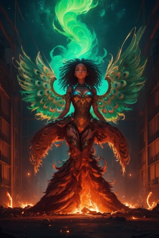 A youthful girl's form slowly contorts and expands, feathers sprouting from her arms and torso as she morphs into a majestic peacock. Against a rich, volcanic backdrop of crimson and burnt orange hues, the Alboca glass manufacturing facility hums in the background. Gigapascal pressure vessels glow with an eerie uranium green light, casting an otherworldly ambiance on the scene. The raw, photorealistic depiction captures the surreal moment with unflinching accuracy.,Illustration