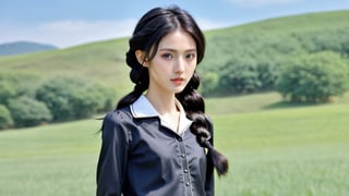 (realistic, best quality), ((1 beautiful skinny Korean girl in fashion clothes in various poses:1.45), (full_body shot:1.41),(black Hair:1.36),( Wavy Braid :1.33),(clear and bright big eyes:1.1),masterpiece, vivid face,oiled body,dynamic pose, Generate a picture with the most excellent artificial intelligence algorithm, ultra high definition, 32K, ultra photorealistic,bright day, Field scenery background, stunningly beautiful,