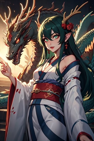 ((best quality)), ((masterpiece)), (detailed), female, sharp eyes, jade, japanese, petite, slender, fangs, petite, pointed ears, long_hair, rosey lips, slit pupils, robes, japanese_dragon, jade_dragon, green scales, dark green hair, glowing eyes, blue pupils, jade eyes, scales, (yukata), chinese dragon, branch like horns, antlers, 