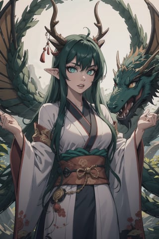 ((best quality)), ((masterpiece)), (detailed), female, sharp eyes, jade, japanese, petite, slender, fangs, petite, pointed ears, long_hair, rosey lips, slit pupils, robes, japanese_dragon, jade_dragon, green scales, dark green hair, glowing eyes, (blue pupils, jade green eyes), scales, yukata, chinese dragon, branch like horns, antlers, IncrsSlitPupil, Detailedface,