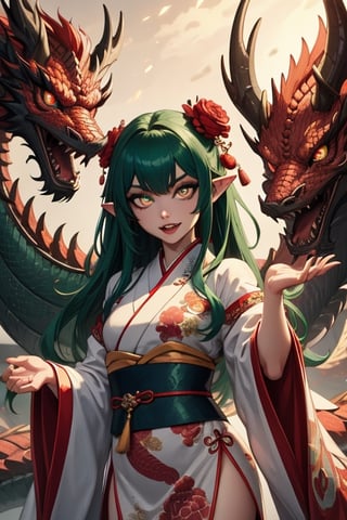 ((best quality)), ((masterpiece)), (detailed), female, sharp eyes, jade dragon, japanese, petite, slender, fangs, petite, pointed ears, long_hair, rosey lips, slit pupils, robes, japanese_dragon, jade_dragon, green scales, dark green hair, glowing eyes, blue pupils, jade eyes, scales,chinese dress