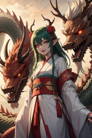 ((best quality)), ((masterpiece)), (detailed), female, sharp eyes, jade dragon, japanese, petite, slender, fangs, petite, pointed ears, long_hair, rosey lips, slit pupils, robes, japanese_dragon, jade_dragon, green scales, dark green hair, glowing eyes, blue pupils, jade eyes, scales, yukata, chinese dragon, branch like horns, antlers, 