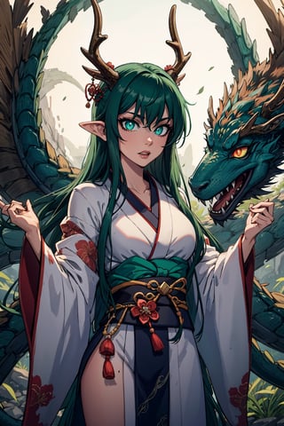 ((best quality)), ((masterpiece)), (detailed), female, sharp eyes, jade, japanese, petite, slender, fangs, petite, pointed ears, long_hair, rosey lips, slit pupils, robes, japanese_dragon, jade_dragon, green scales, dark green hair, glowing eyes, (blue pupils, jade green eyes), scales, yukata, chinese dragon, branch like horns, antlers, IncrsSlitPupil, Detailedface,