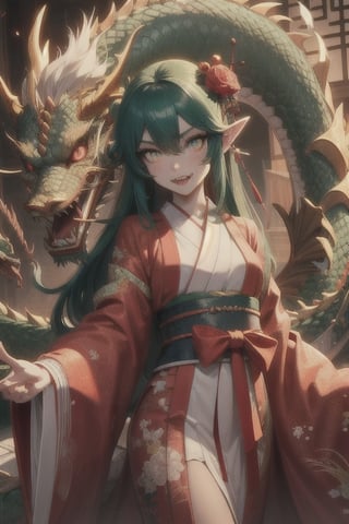 ((best quality)), ((masterpiece)), (detailed), female, sharp eyes, jade dragon, japanese, petite, slender, fangs, petite, pointed ears, long_hair, rosey lips, slit pupils, robes, japanese_dragon, jade_dragon, green scales, dark green hair, glowing eyes, blue pupils, jade eyes, scales, yukata, chinese dragon