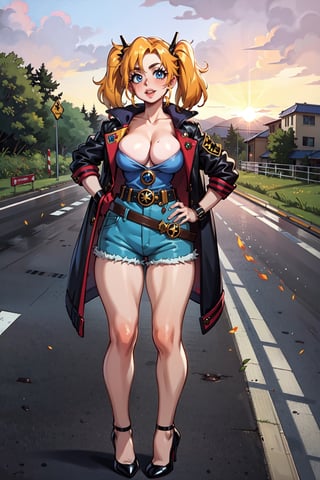 Masterpiece, 8k, 4k, superior quality, extremely detailed, intricate, hyper-detailed, perfect face, superior quality, (1 girl), (solo), (large breasts, perky breasts), thick thighs, cleavage, blue heels, yellow hair, pigtails, (overpass, railroad, early morning, sunrise), (full body, standing, front), hands on hips, Harley Quinn Deluxe Suicide Squad Costume, Jacket, Combo Shirt, Shorts, Belt, Belt, Belt, Mesh Stockings,