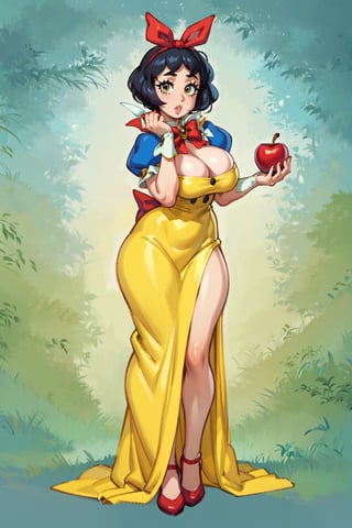 Masterpiece, 8k, 4k, best quality, extremely detailed, intricate, hyper detailed, hyper detailed, perfect face, illustration, cel shading, best quality, (1 girl), (only), (Snow White, the iconic Disney character, (in a castle, flowers, with an apple in her hand), (large breasts, perky breasts), (yellow and blue dress), (full body, standing, facing), (black hair, short hair, red bow headband),