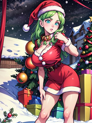 Realistic, 8k, 4k, masterpiece, Best quality, extremely detailed, intricate, hyper detailed, perfect face, illustration, best quality, discreet, (1 girl), (only), (cute, standing), ((high collar) )) ), (shiny skin), (big breasts), (Christmas background, snow, Christmas pine) pink short dress, green hair, briannedechateau.