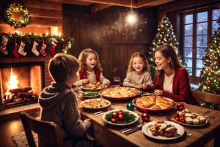 Christmas, man, woman, boy, girl, Christmas tree, snow falling outside the window, a warm fireplace indoors, table, Christmas feast, roast chicken, pizza, joyful smiles