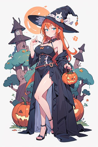manga, 1girl, solo female,  flat chest,  halloween, pumpkins, raven, frog, dark forest, candy bag, sitting, black dress, bare shoulders, black_pantyhose, midnight, fullmoon,(black_magic gown:1.5),(black_witch hat:1.5),
(blue eyes, orange hair, medium hair,straight hair, big breasts,sole_female,solo),
anime, full_body,(illustration,masterpiece,top quality, best quality),((SFW:1.5)),looking at viewer,standing, origin,better witch,pecorine