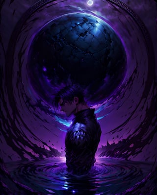 Man staring at night sky ripe with blue moon, Purple and Blue moon, Dark atmosphere, reflection::2