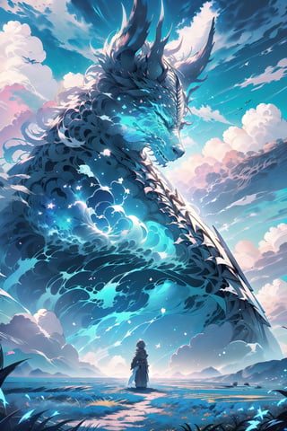 granblue_fantasy, medieval, fantasy, (blue sky and white clouds background), 1 male knight on the left, 1 female knight on the right, outdoors, open grassland, symmetrical composition, low-angle shooting, zoom in, the most beautiful image I have ever seen, wide angle , distant view, looking up,fantasy00d